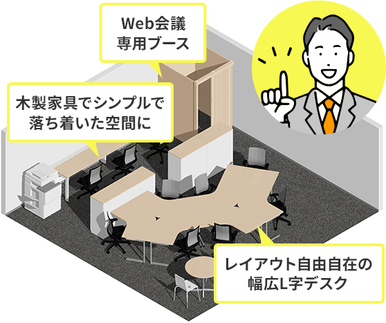 Before 木製家具でシンプルで落ち着いた空間に・Web会議専用ブース・レイアウト自由自在の幅広L字デスク